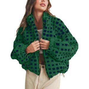 Women Dark green Cropped Sherpa Fleece Plaid Jacket Chunky Outerwear
